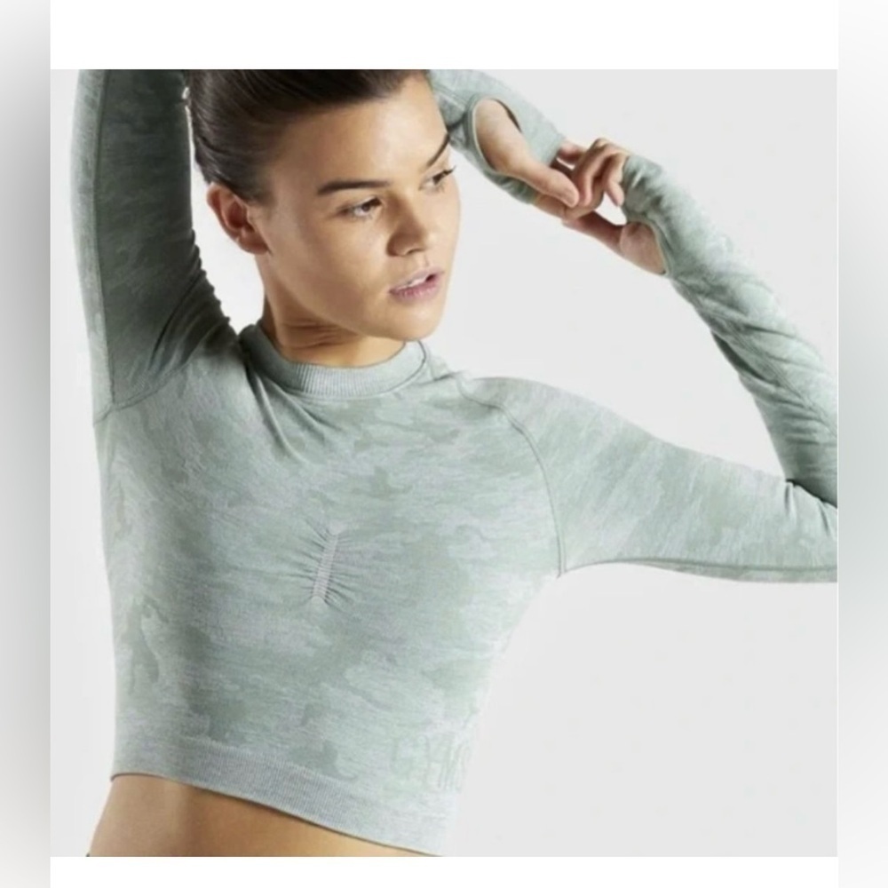 Gymshark Camo Seamless Long Sleeve Crop Top In Sage Green